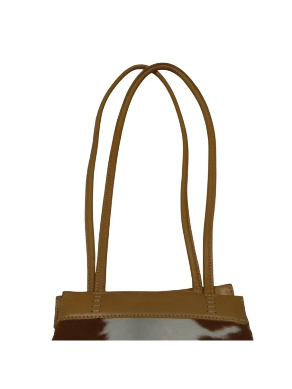 Nine West Tan Leather Brown White Cow Animal Hair Print Satchel Bucket Bag Purse